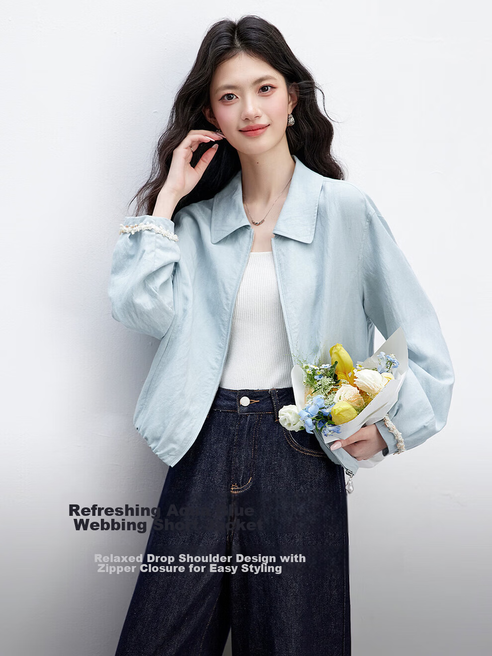 Vimly Baen Style Short Jacket for Women, Spring And Autumn New Arrival, Lyocell Fabric, Petite Versatile Lapel Coat, Water Blue, Size S 2